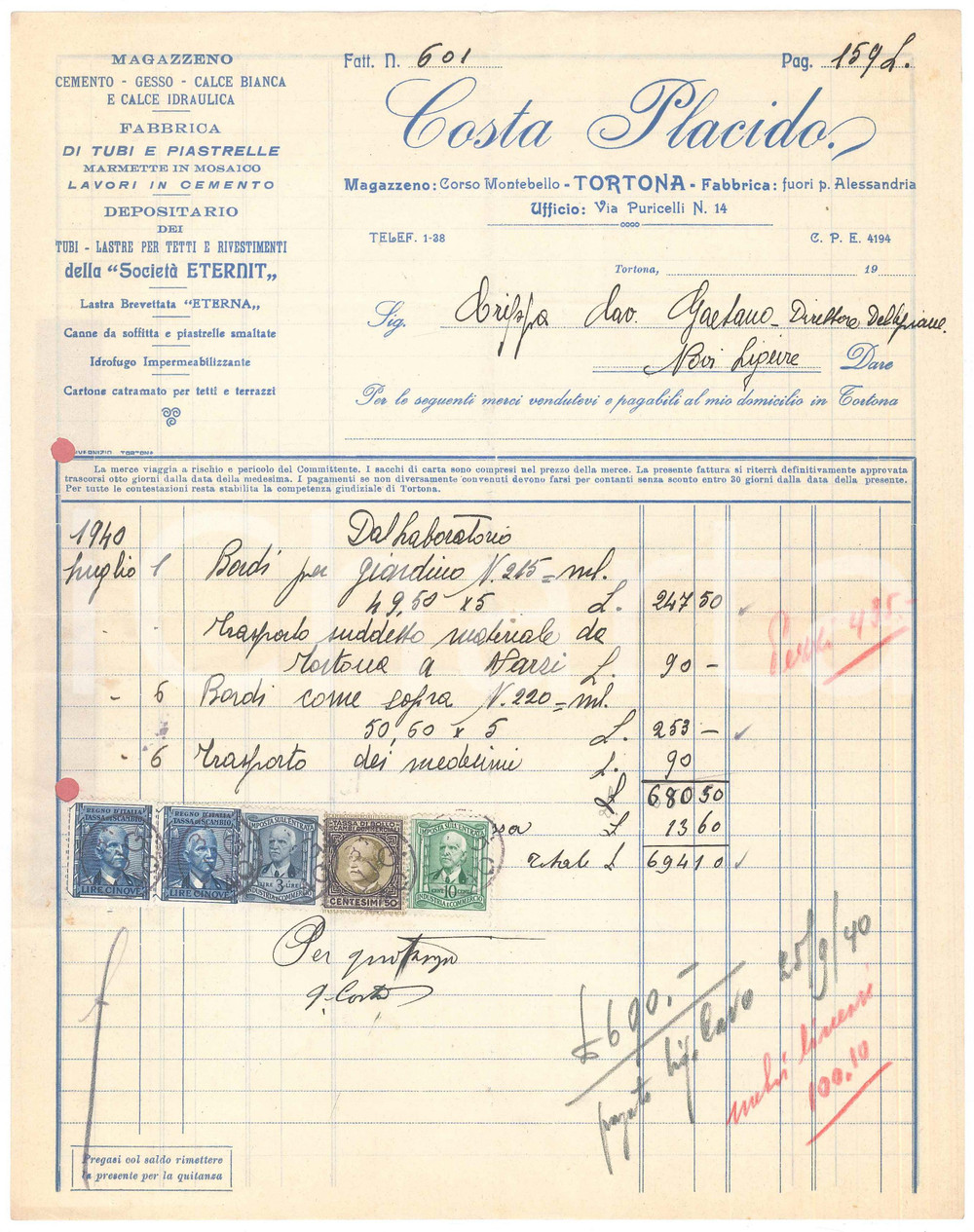 Documento originale, autentico 1940 TORTONA  Placido COSTA Magazzeno cemento  Depositario ETERNIT  Fattura 1