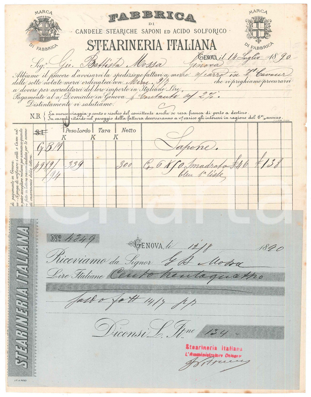 Documento originale, autentico 1890 GENOVA Fabbrica candele STEARINERIA ITALIANA  Avviso di spedizione 1