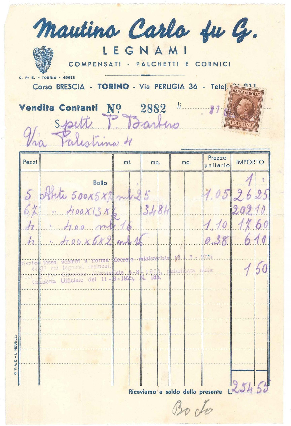 Documento originale, autentico 1930 ca TORINO Via Perugia 36  Carlo MAUTINO Legnami  Fattura 1