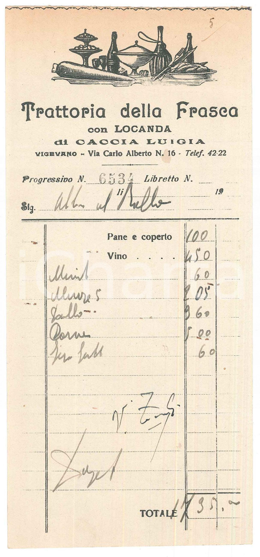 Documento originale, autentico 1950 ca VIGEVANO PV Trattoria della Frasca di CACCIA Luigia  Conto 1