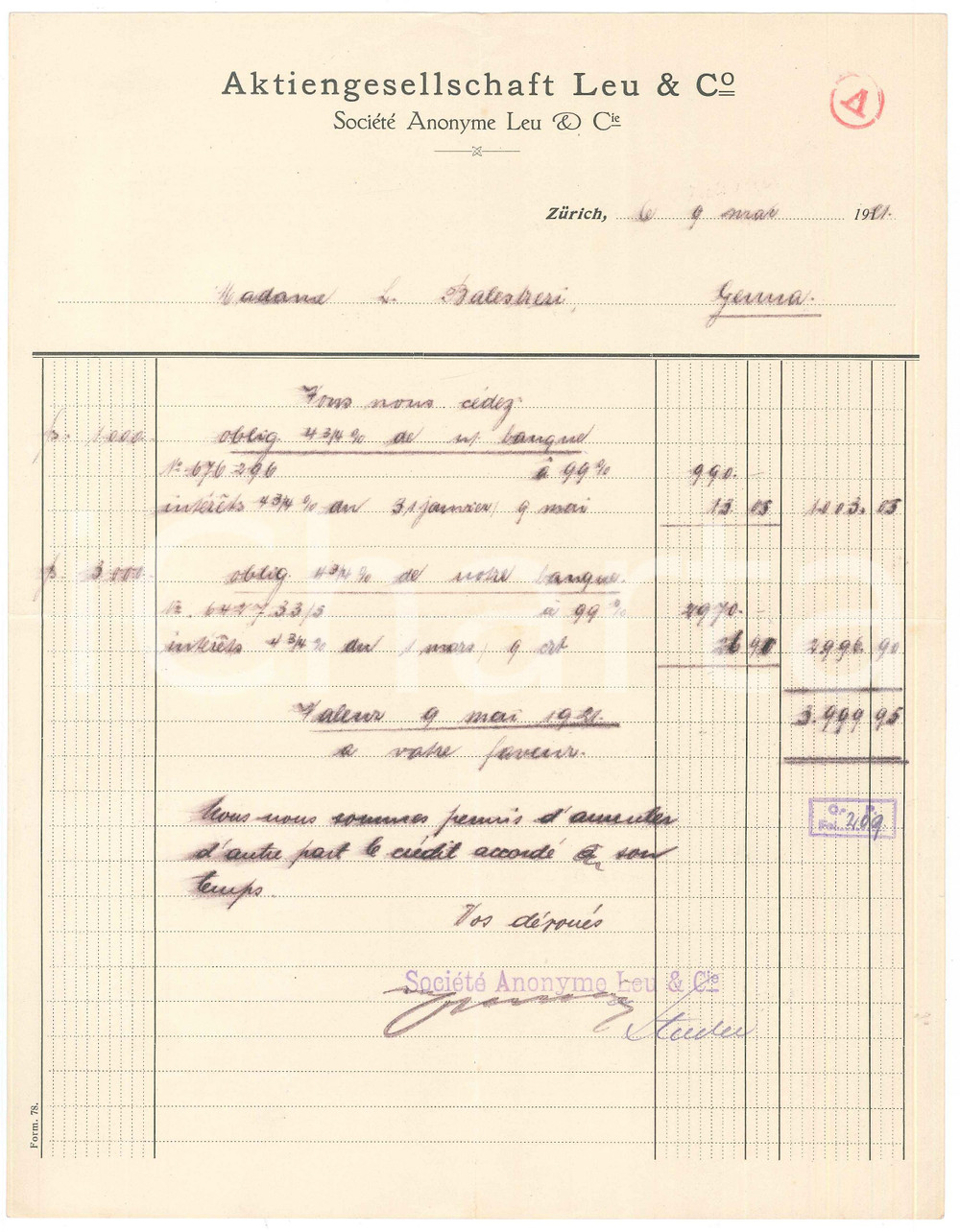 Documento originale, autentico 1921 ZURICH CH AKTIENGESELLESCHAFT LEU & Co.  Fattura 1