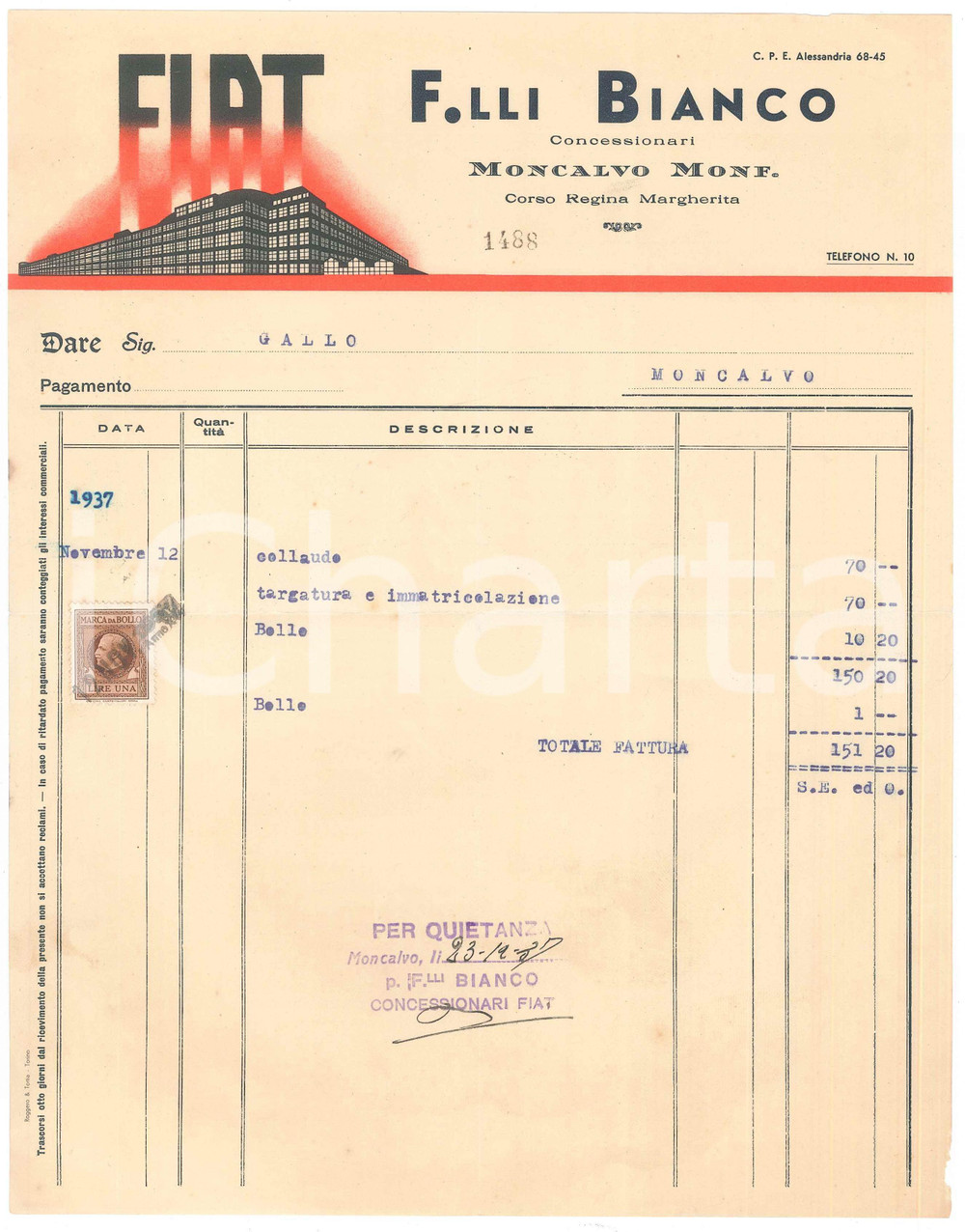 Documento originale, autentico 1937 MONCALVO MONFERRATO  F.lli BIANCO Concessionari FIAT  Fattura 1