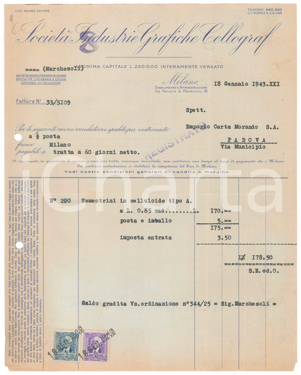 Documento originale, autentico 1943 MILANO via Vasari  S.A. GUNTHER WAGNER  Prodotti PELIKAN  Fattura 1