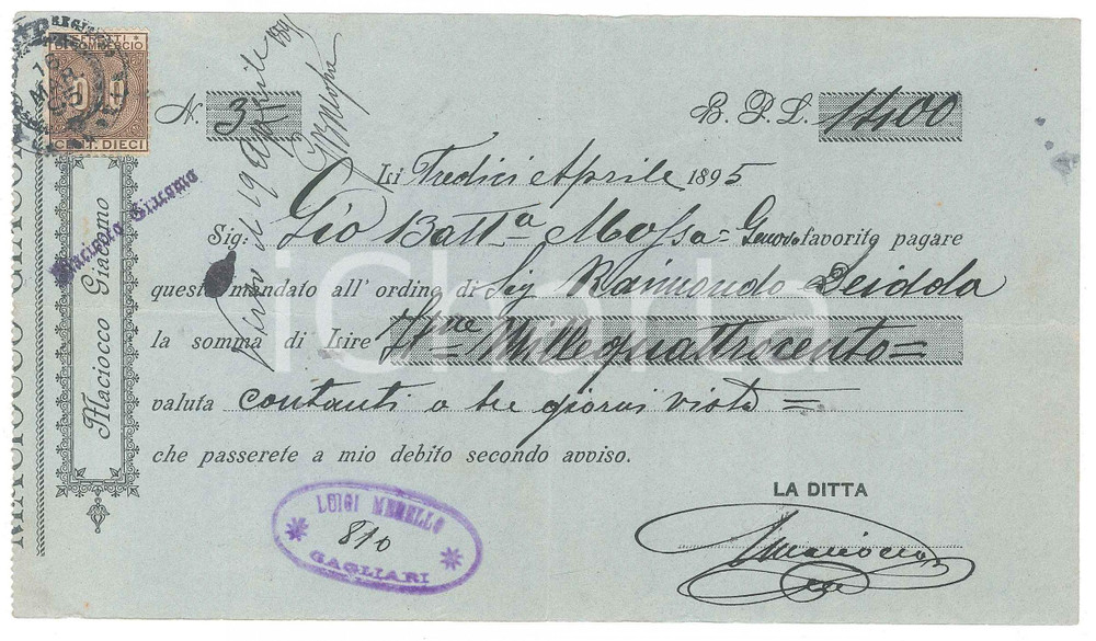 Oggetto da collezione cartaceo 1895 SARDEGNA Ditta Giacomo MACIOCCO  Cambiale pubblicitaria 1