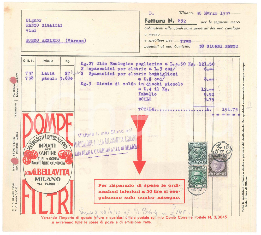 Documento originale, autentico 1937 MILANO Via Parini 1  Ditta BELLAVITA Impianti per cantine  Fattura 1