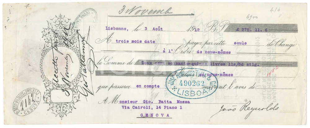 Oggetto da collezione cartaceo 1912 LISBONA PORTUGAL  Ditta JosÃ© Henriques TOTTA  Cambiale pubblicitaria 1