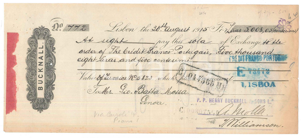 Oggetto da collezione cartaceo 1915 LISBONA PORTUGAL  Ditta BUCKNALL  Cambiale pubblicitaria 1 1