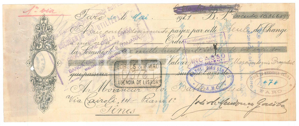 Oggetto da collezione cartaceo 1921 FARO PORTUGAL  Ditta JosÃ© DE MENDOZA GAZIBA  Cambiale pubblicitaria 1