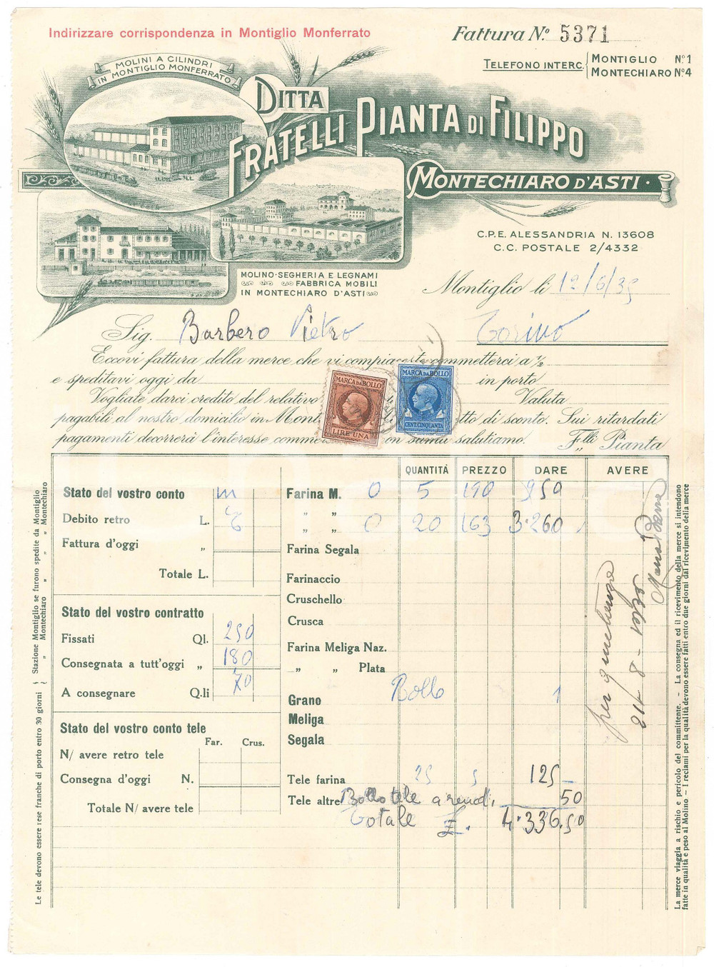 Documento originale, autentico 1939 MONTIGLIO MONERRATO  Ditta FRATELLI PIANTA Molini a cilindri  Fattura 1