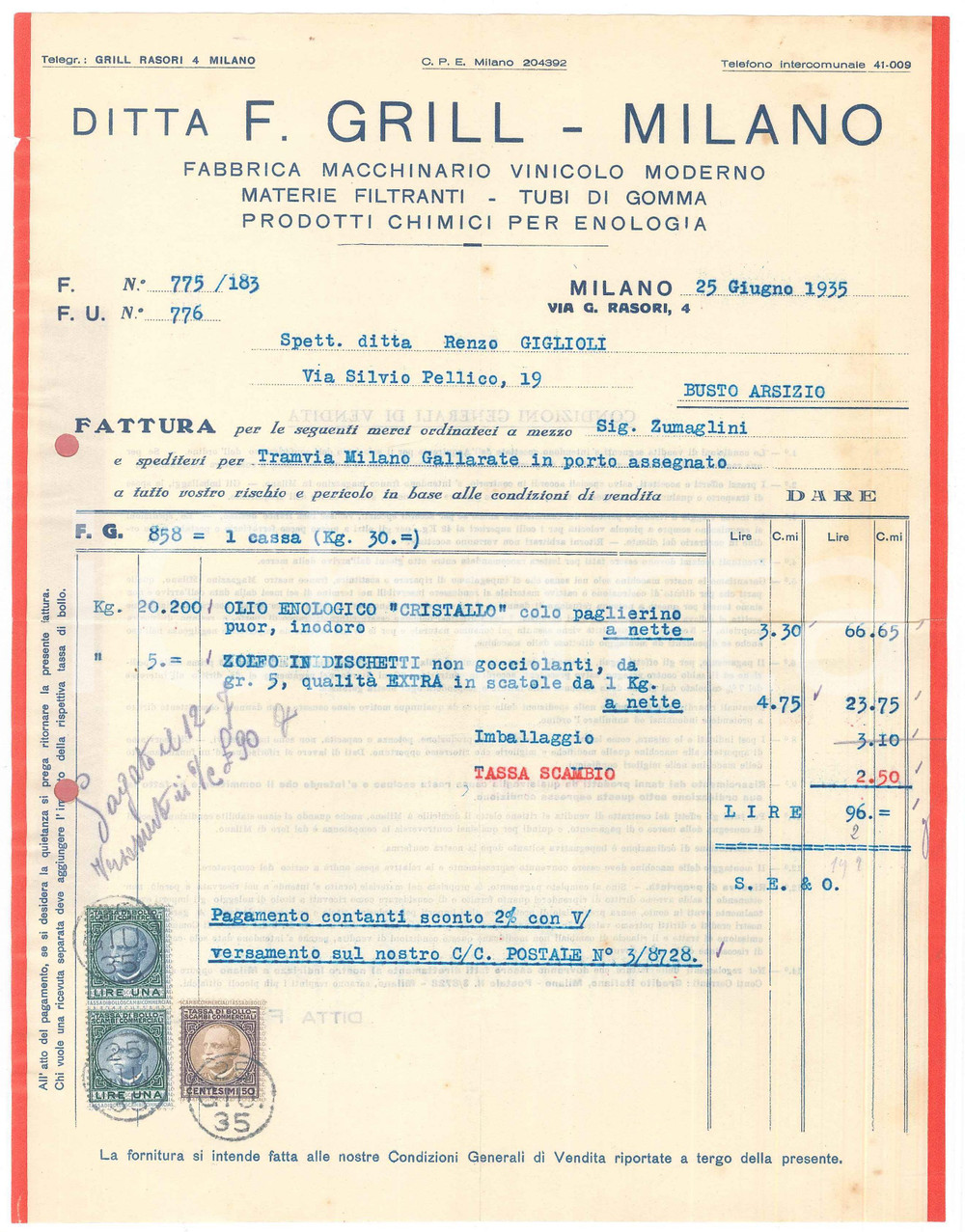 Documento originale, autentico 1935 MILANO Via Rasori 4  Ditta F. GRILL Macchinario vinicolo moderno  Fattura 1