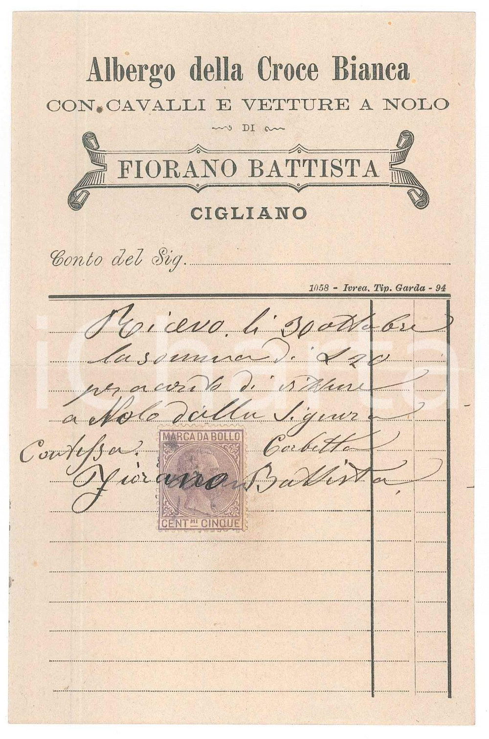 Documento originale, autentico 1910 ca CIGLIANO Albergo della croce bianca di Battista FIORANO Ricevuta 1