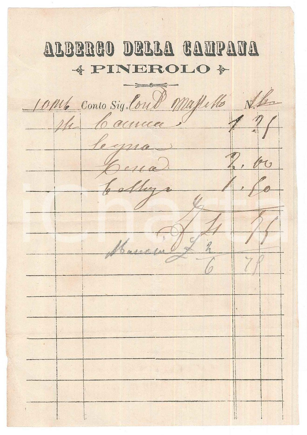 Documento originale, autentico 1910 ca PINEROLO Albergo della Campana  Ricevuta 10x15 cm 1