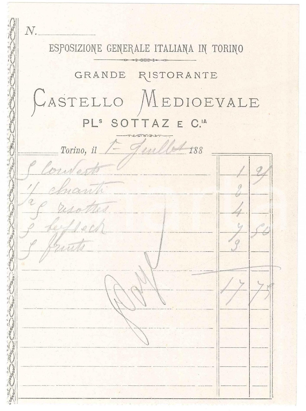 Documento originale, autentico 1884 TORINO Esposizione Generale Italiana  Ristorante Castello Medioevale CONTO 1