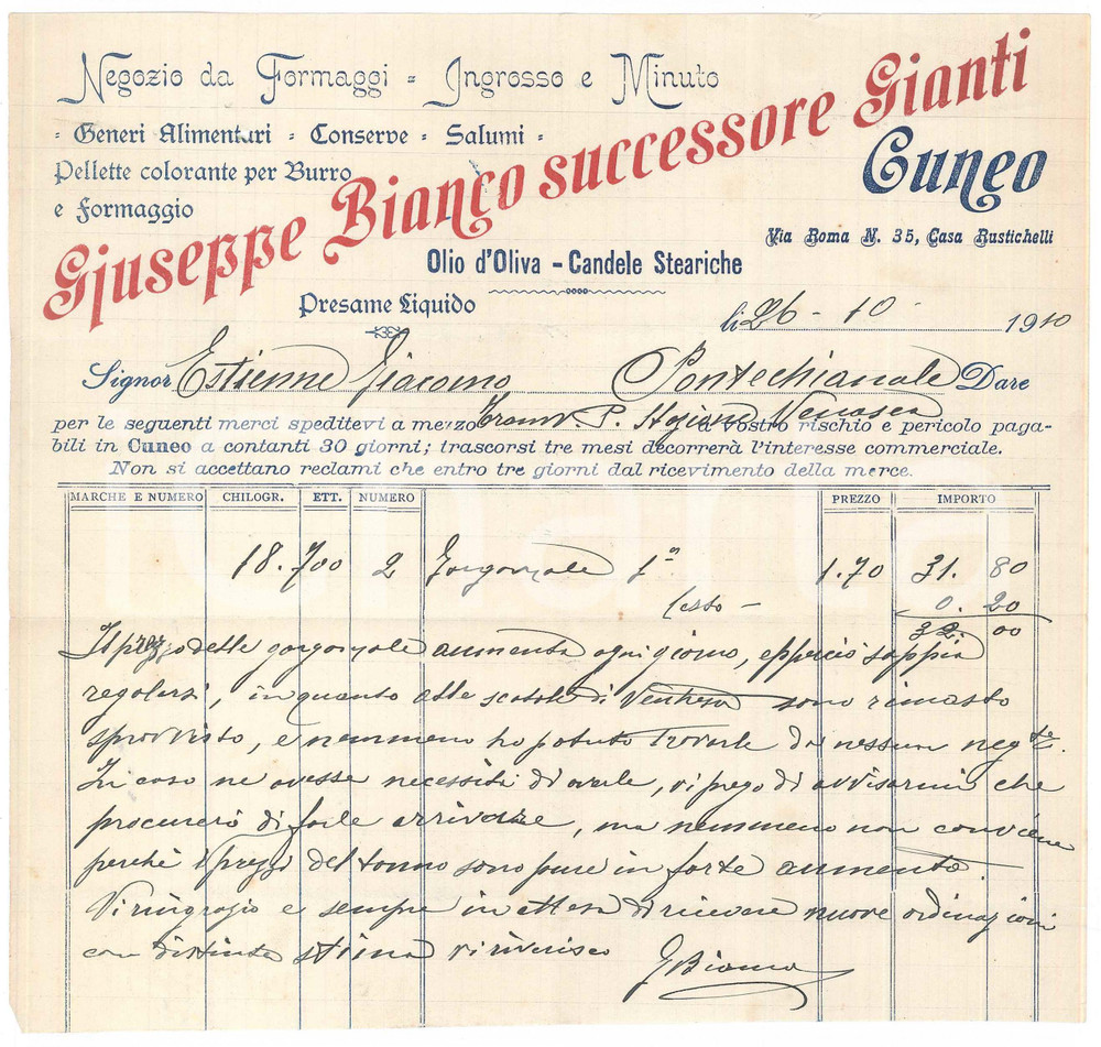 Documento originale, autentico 1910 CUNEO Giuseppe BIANCO  Negozio formaggi e alimentari Lettera 1