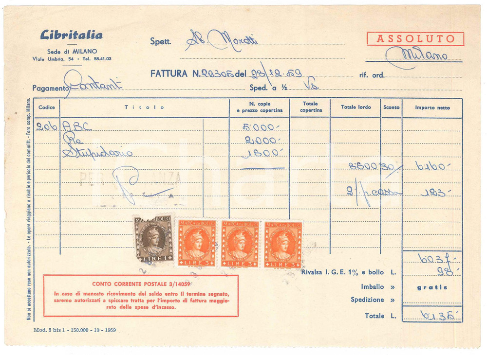 Documento originale, autentico 1959 MILANO Viale Umbria 54  LIBRITALIA  Fattura intestata 1