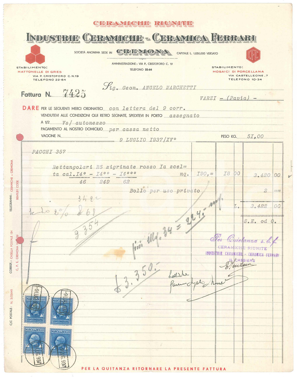 Documento originale, autentico 1937 CREMONA Industrie Ceramiche  Ceramica FERRARI  Fattura 1
