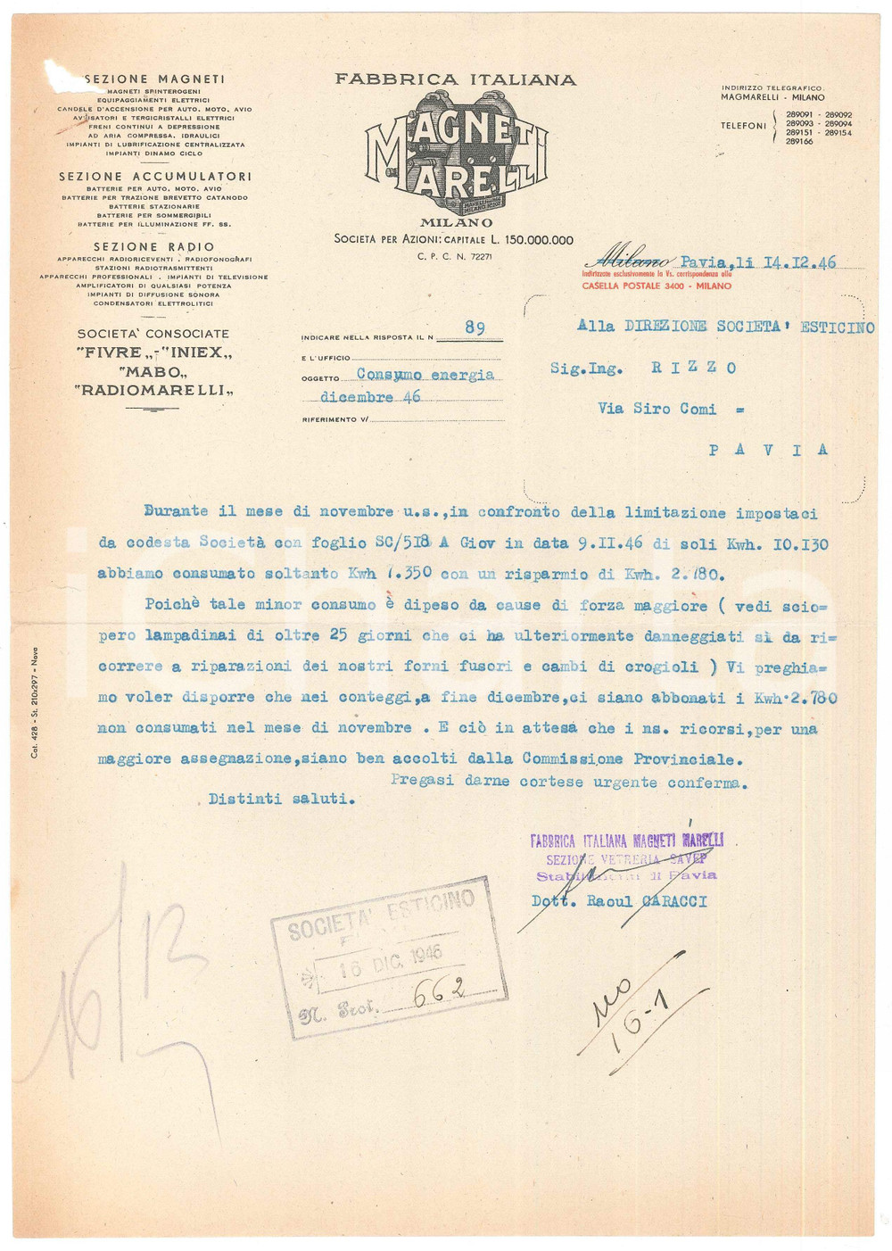 Documento originale, autentico 1946 PAVIA Fabbrica Italiana Magneti Marelli  Sezione Vetreria  Lettera 1