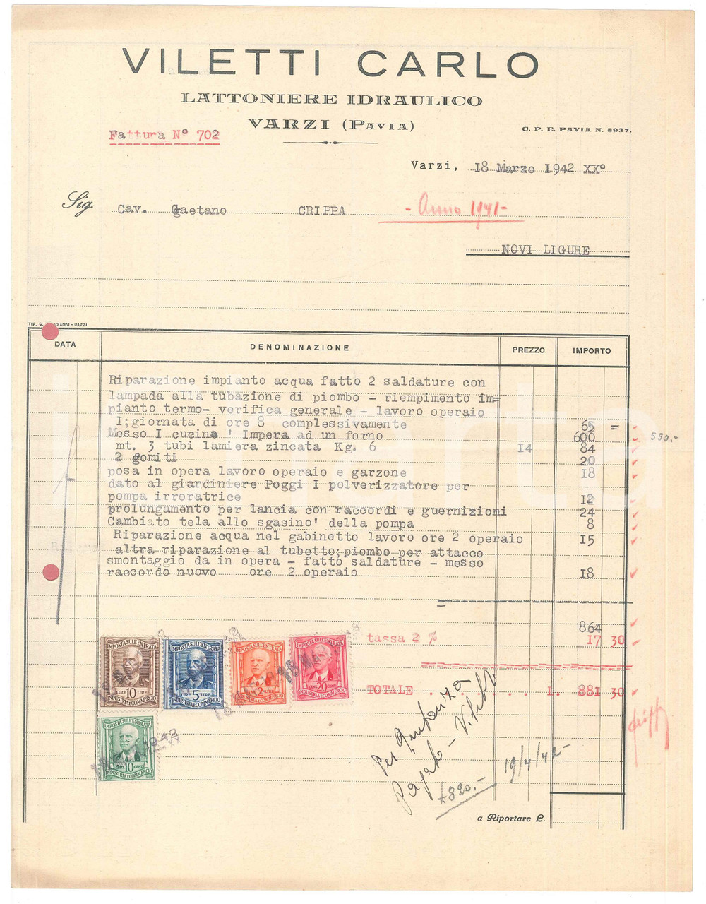 1942 VARZI (PV) Carlo VILETTI Lattoniere idraulico *Fattura intestata