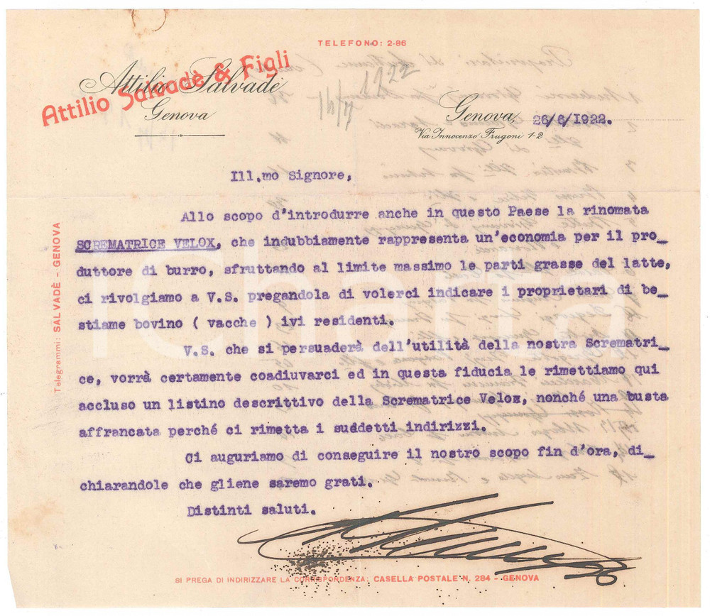Documento originale, autentico 1922 GENOVA Attilio SALVADE  & Figli  Scrematrice VELOX Lettera commerciale 1