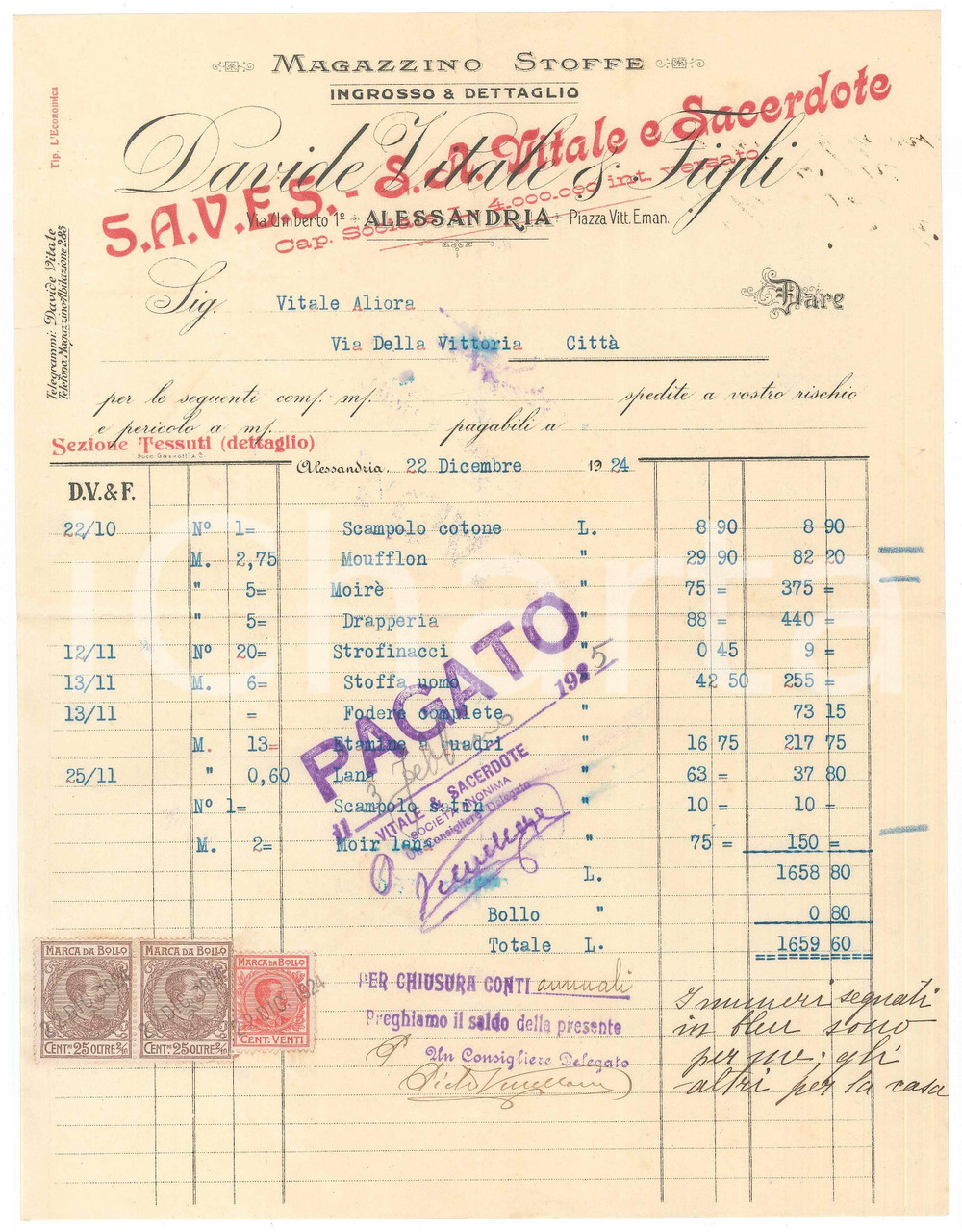 Documento originale, autentico 1924 ALESSANDRIA Ditta S.A.V.E.S. VITALE e SACERDOTE Magazzino stoffe  Fattura 1