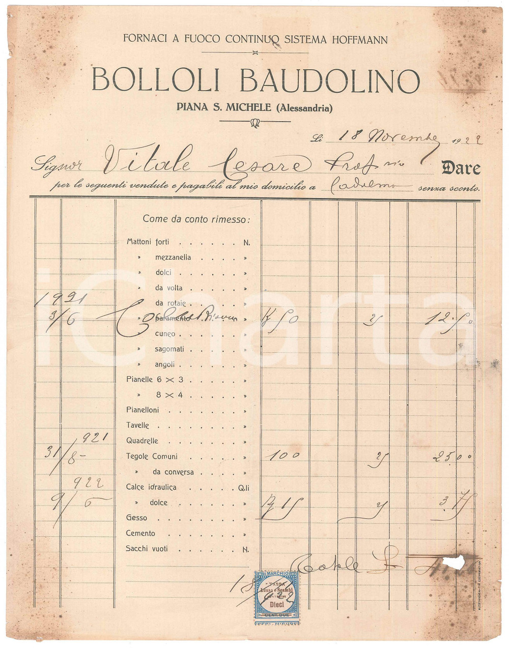 Documento originale, autentico 1922 PIANA S. MICHELE AL Baudolino BOLLOLI Fornaci a fuoco continuo  Fattura 1