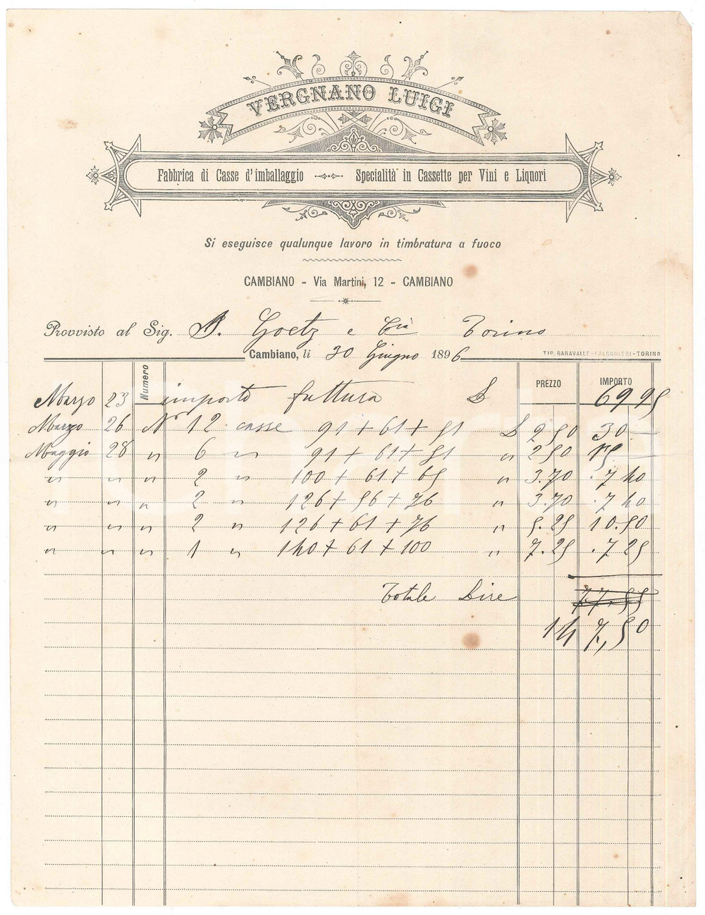 Documento originale, autentico 1896 CAMBIANO TO Luigi VERGNANO Casse da imballaggio  Cassette vini Fattura 1