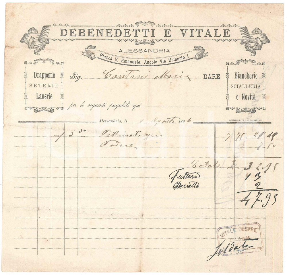 Documento originale, autentico 1896 ALESSANDRIA Piazza V. Emanuele  DEBENEDETTI E VITALE Biancherie Fattura 1