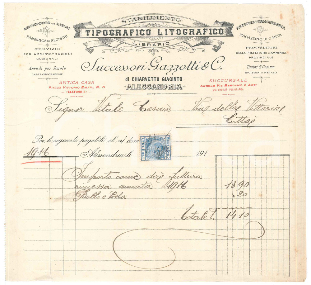 1916 ALESSANDRIA Stabilimenti Tipografico GAZZOTTI Giacinto CHIARVETTO *Fattura