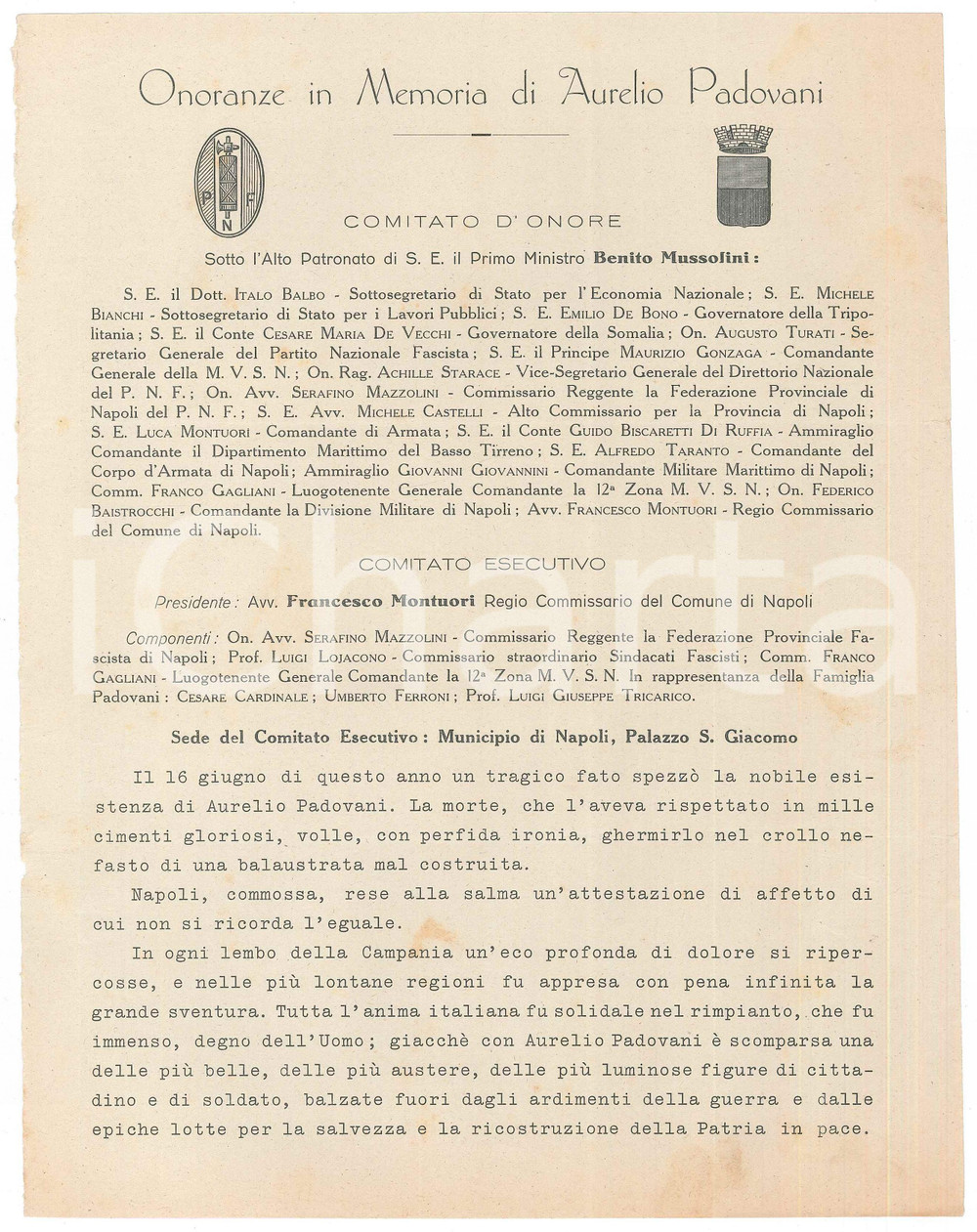 Documento originale, autentico 1926 NAPOLI Onoranze in memoria di Aurelio PADOVANI  Lettera INCOMPLETA 1