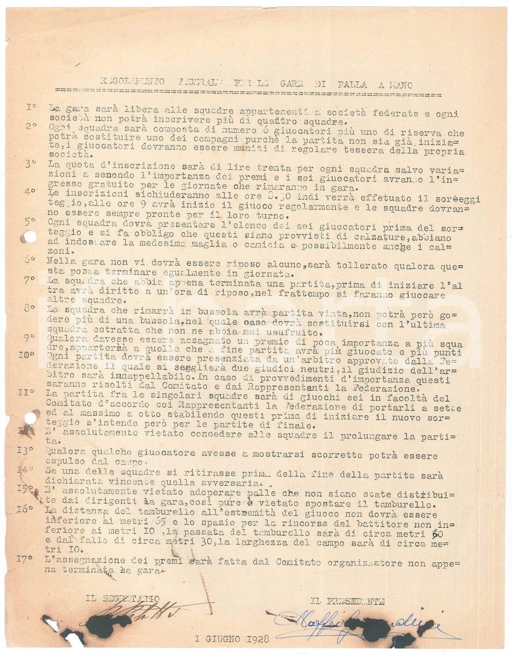 Documento originale, autentico 1928 ITALIA Regolamento federale per le gare di palla a mano Dattiloscritto 1