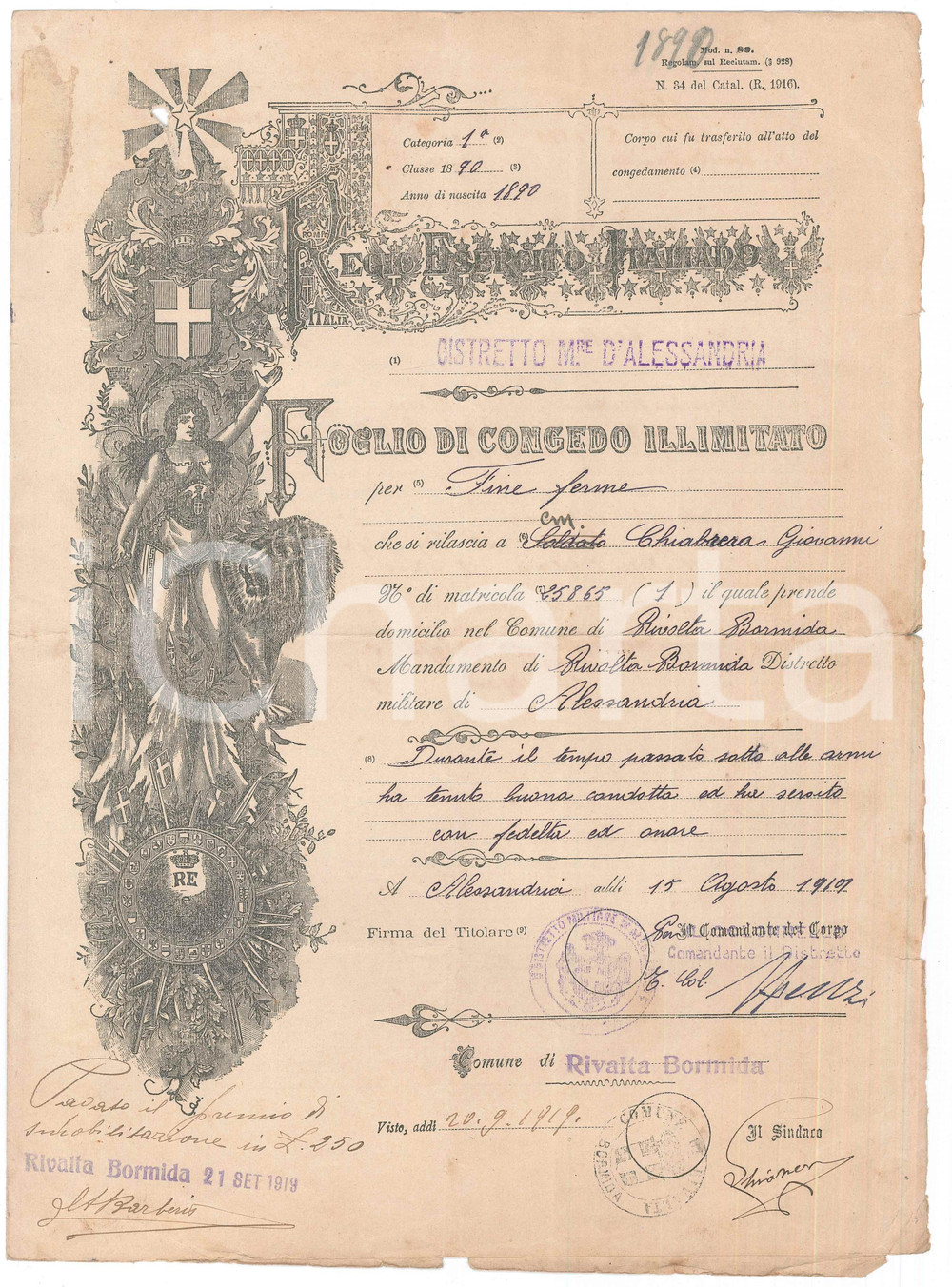 1919 RIVALTA BORMIDA (AL) Foglio congedo illimitato di Giovanni CHIABRERA