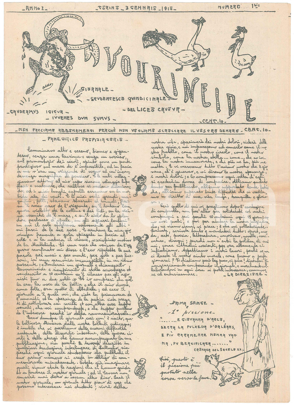Giornale, rivista storica 1910 TORINO  CAVOURINEIDE  Giornale studentesco Liceo CAVOUR Anno I nÂ°1 bis 1