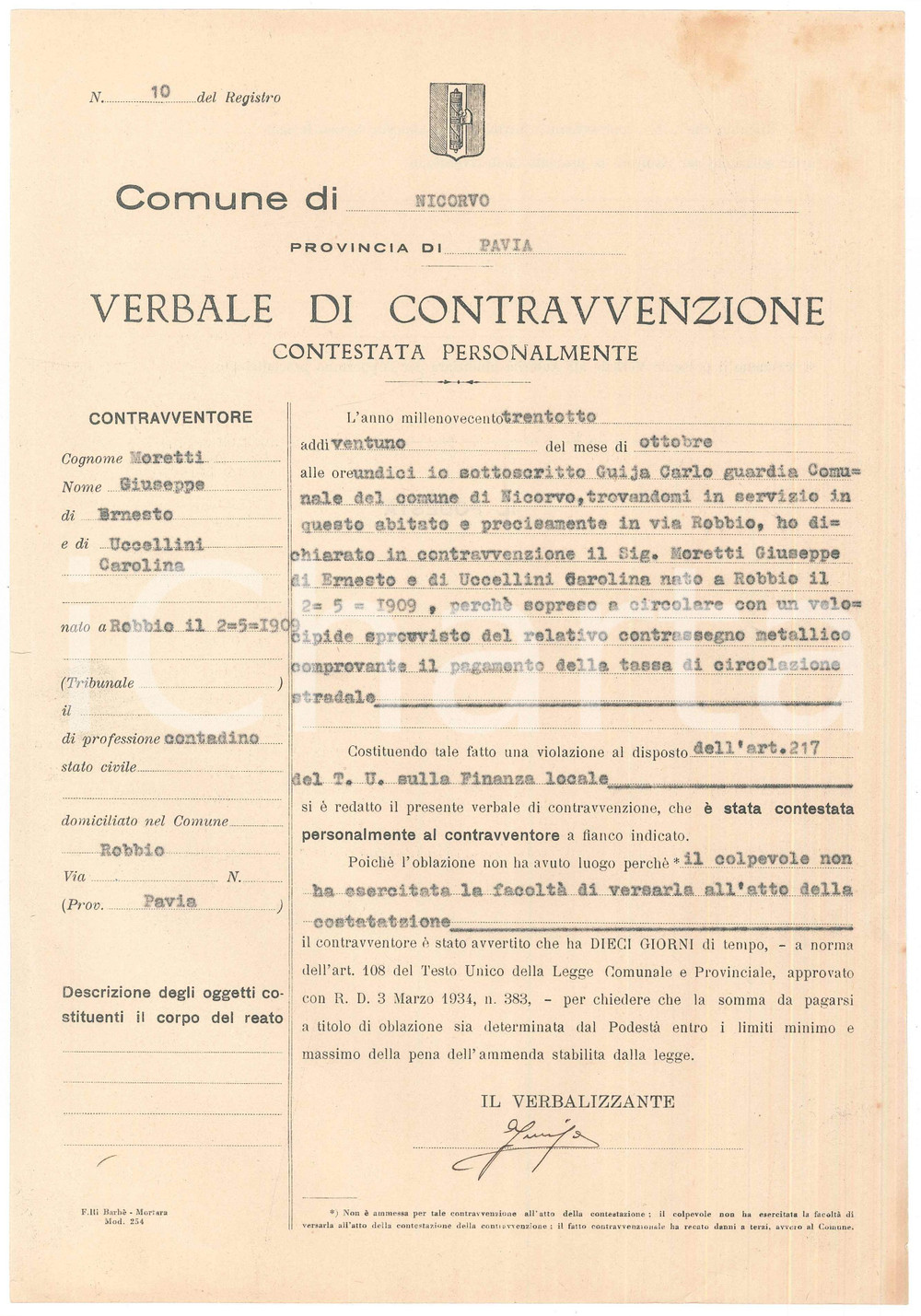 Documento originale, autentico 1938 NICORVO Verbale per mancato pagamento tassa di circolazione  22x31 cm 1