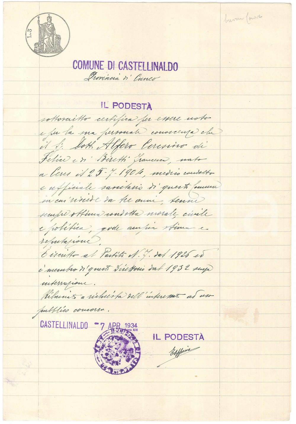 Documento originale, autentico 1934 CASTELLINALDO CN Certificato di condotta medico Alfero CERESINO 1