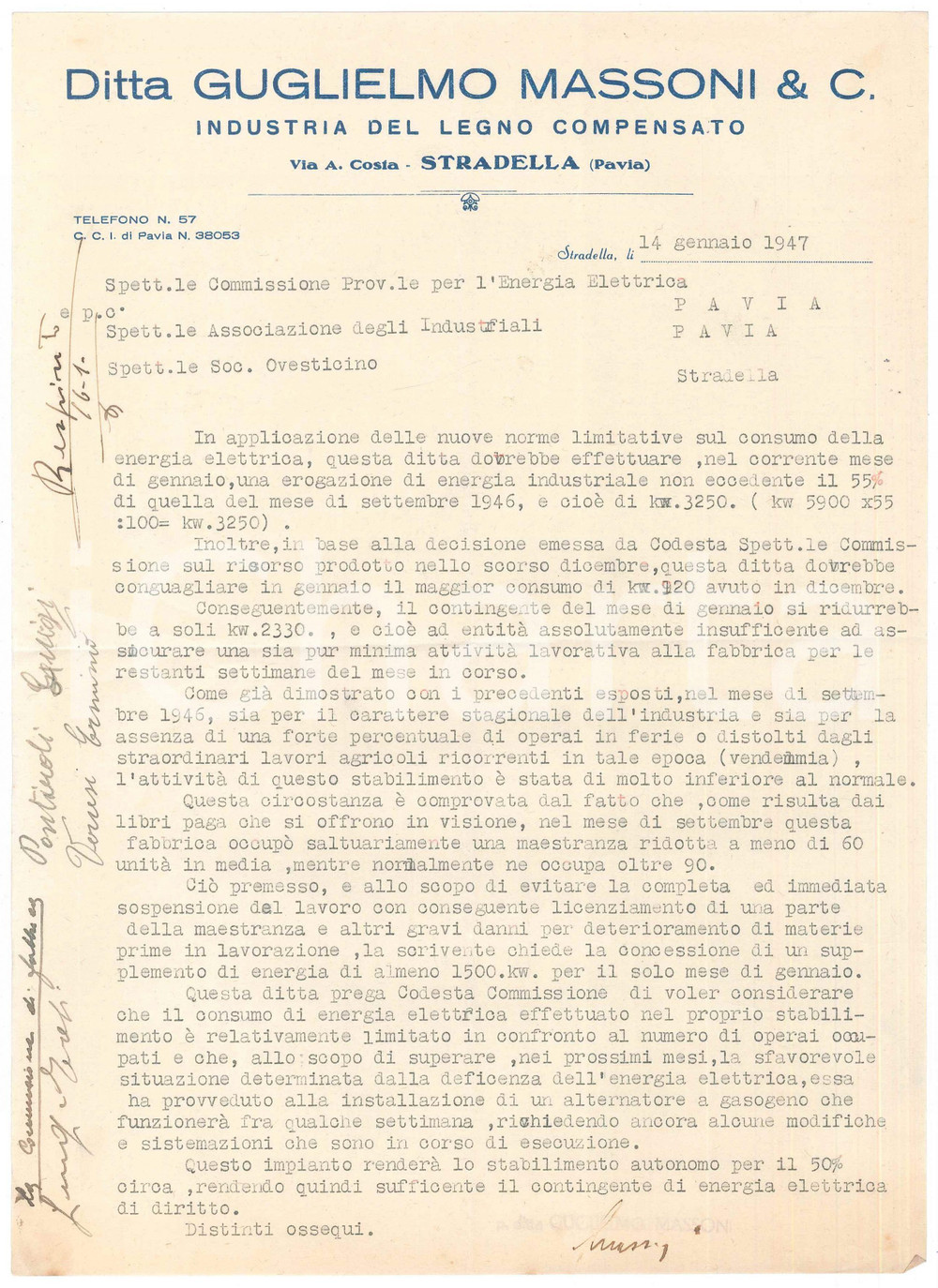 Documento originale, autentico 1947 STRADELLA Ditta Guglielmo MASSONI Legno compensato Lettera 1