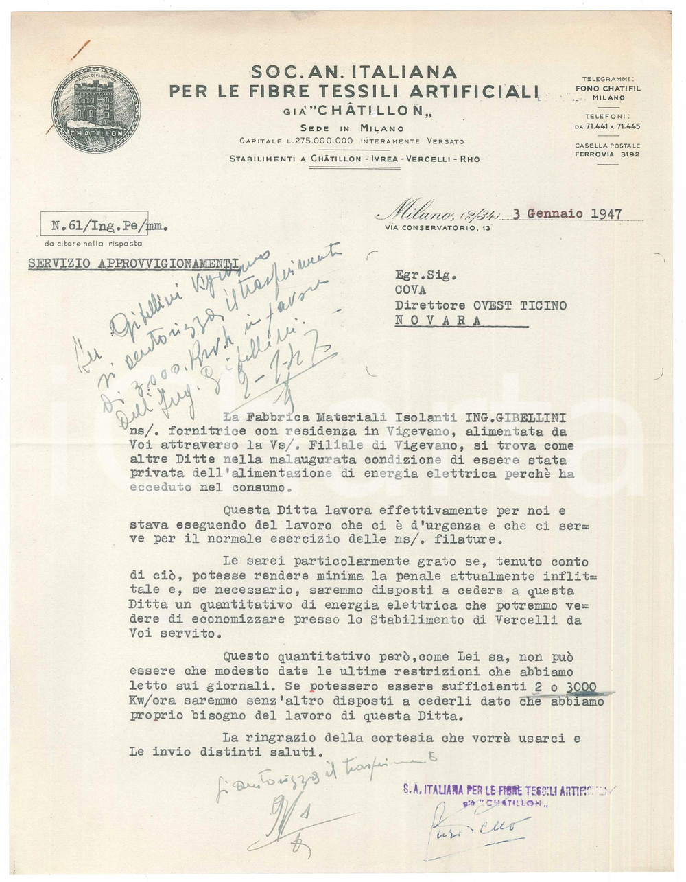 Documento originale, autentico 1947 MILANO Soc. Fibre Tessili Artificiali priva di energia elettrica Lettera 1