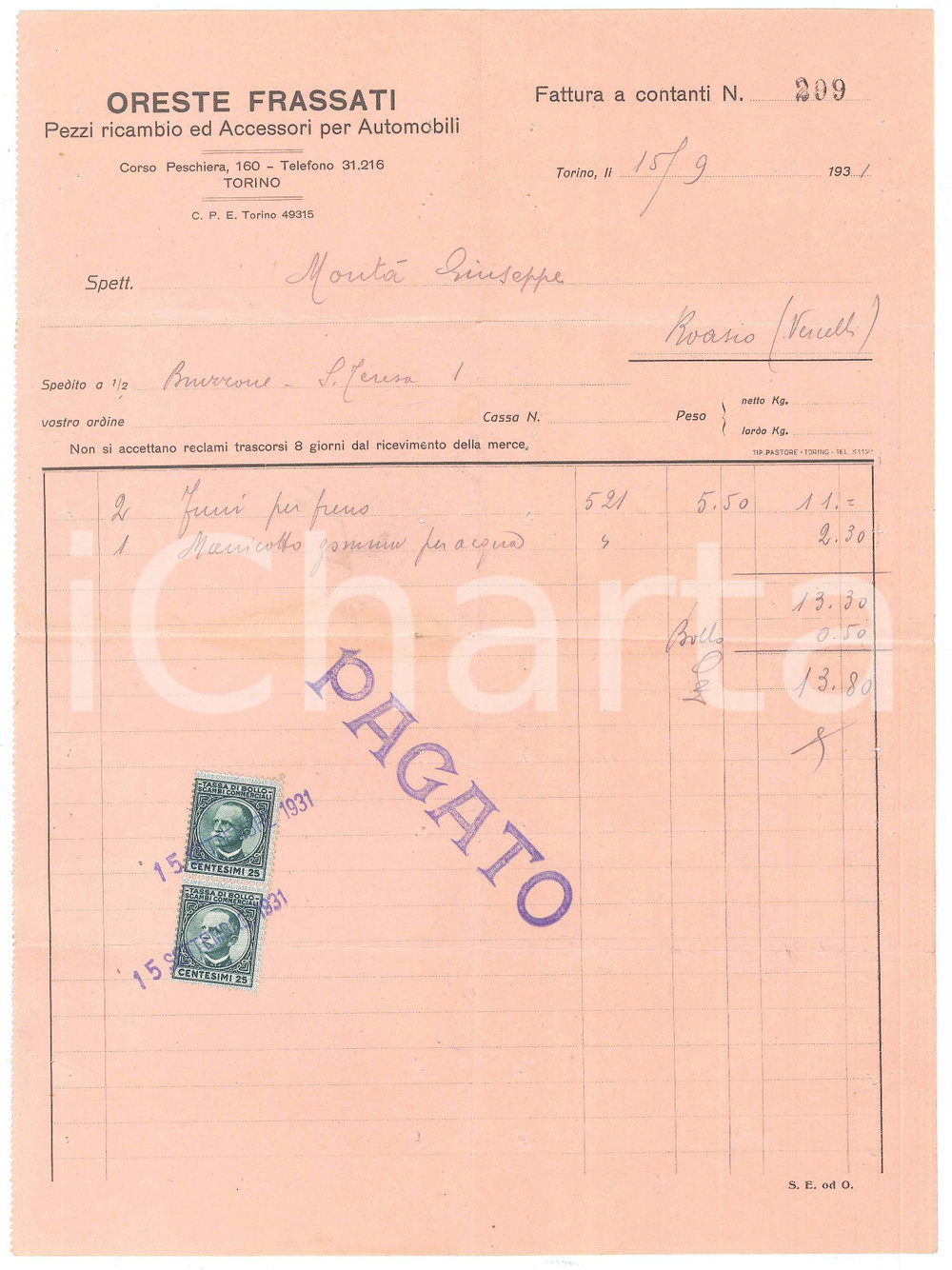 Documento originale, autentico 1931 TORINO corso Peschiera  Oreste FRASSATI Pezzi ricambio per auto Fattura 1