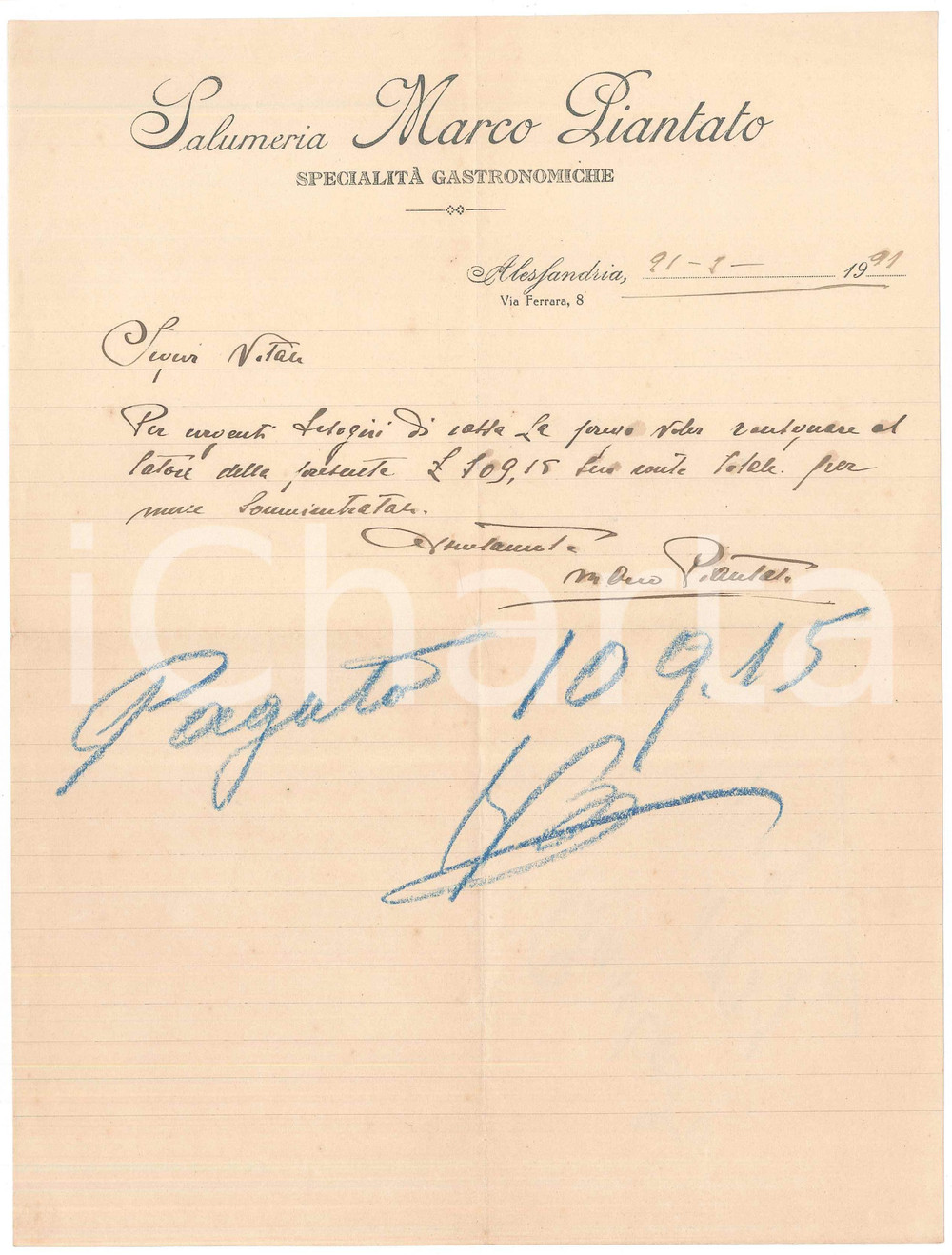 Documento originale, autentico 1911 ALESSANDRIA Salumeria Marco PIANTATO  SpecialitÃ  gastronomiche Lettera 1