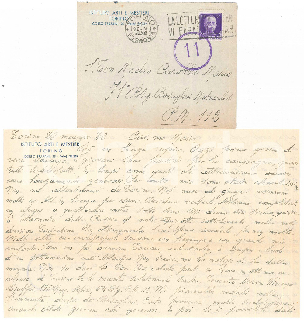 Manoscritto, lettera originale 1943 TORINO Istituto Arti e Mestieri  Clementino CATTANEO e gli amici in guerra 1
