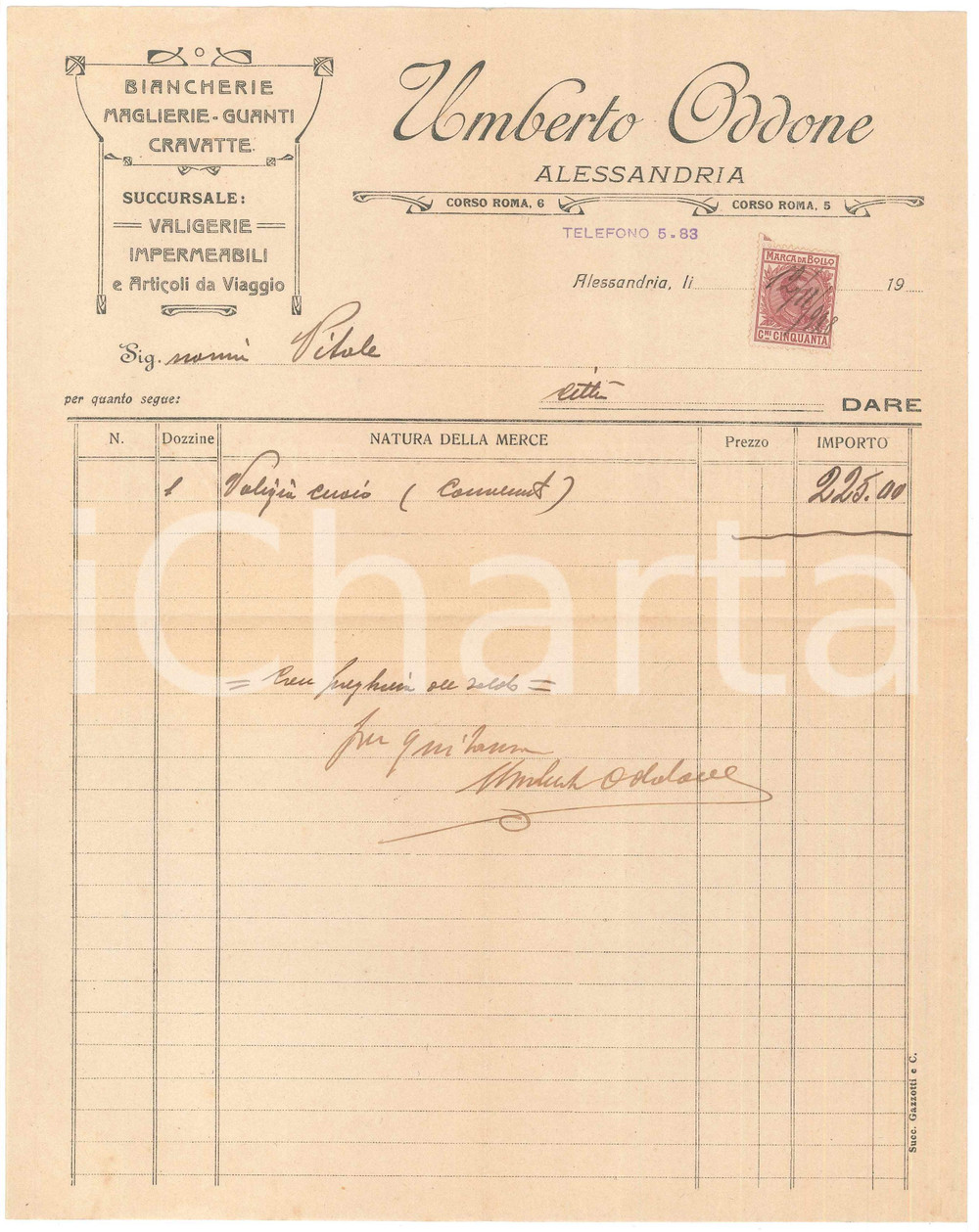 1910 ca ALESSANDRIA Umberto ODDONE Biancherie - Maglierie *Fattura