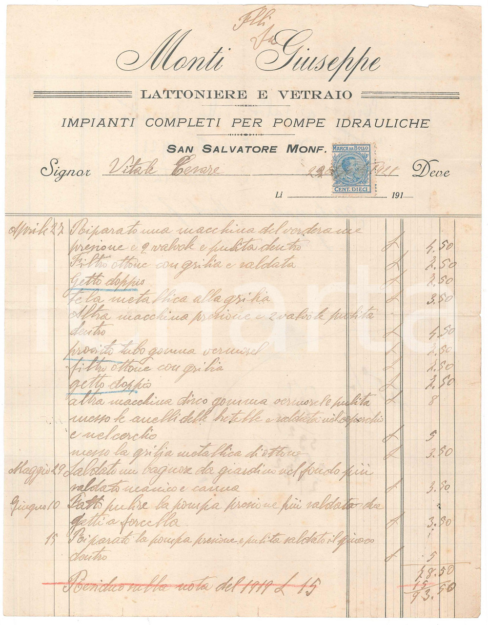 Documento originale, autentico 1921 SAN SALVATORE MONFERRATO Giuseppe MONTI Lattoniere e vetraio Fattura 1