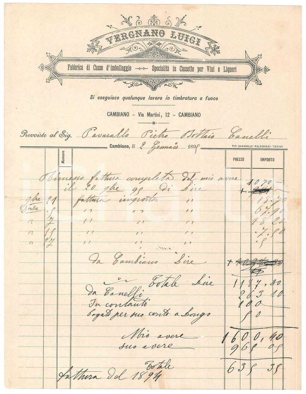 Documento originale, autentico 1899 CAMBIANO TO Luigi VERGNANO Casse da imballaggio  Cassette vini Fattura 1