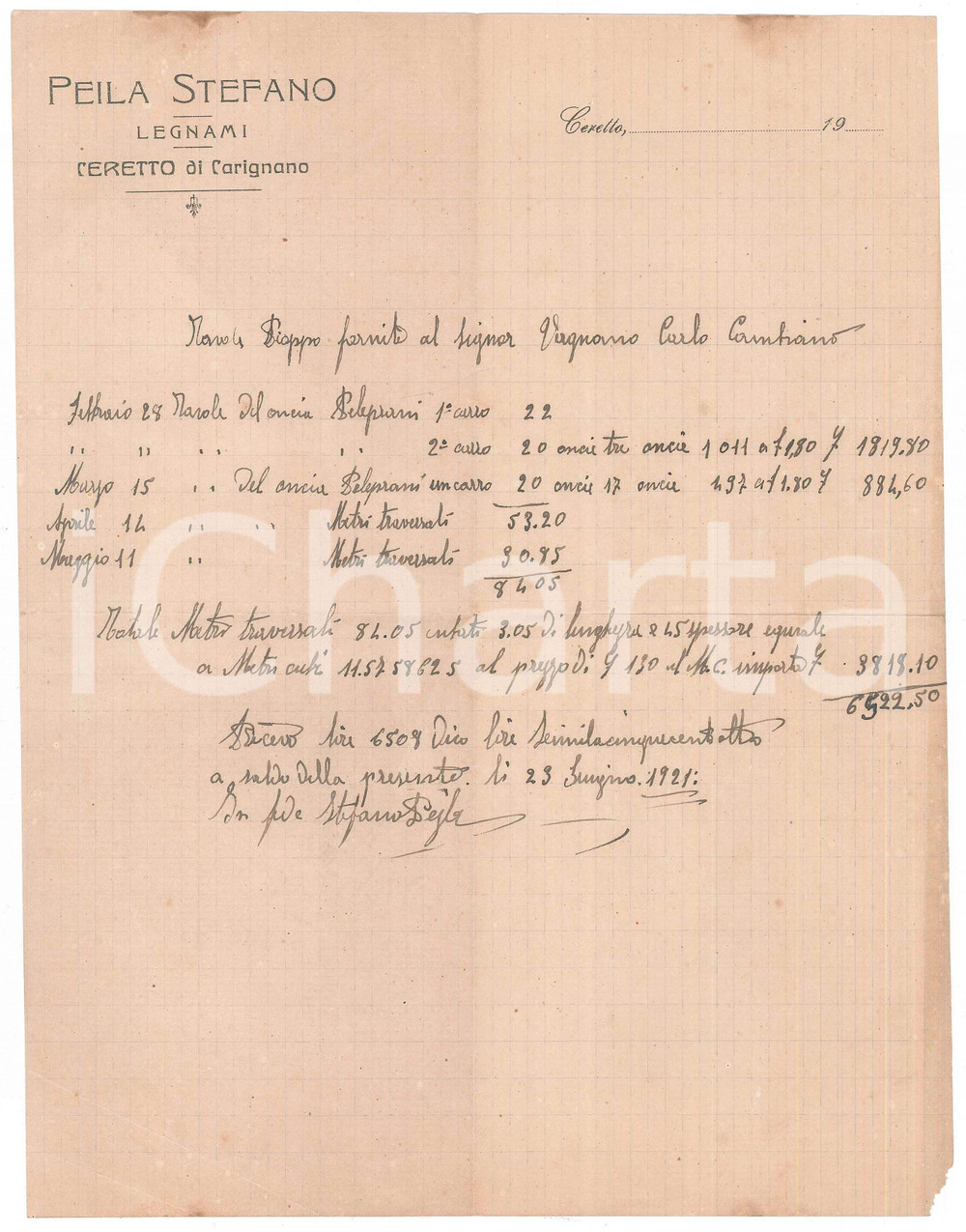 Documento originale, autentico 1921 CERETTO DI CARIGNANO  PEILA Stefano  Legnami Conto manoscritto 1