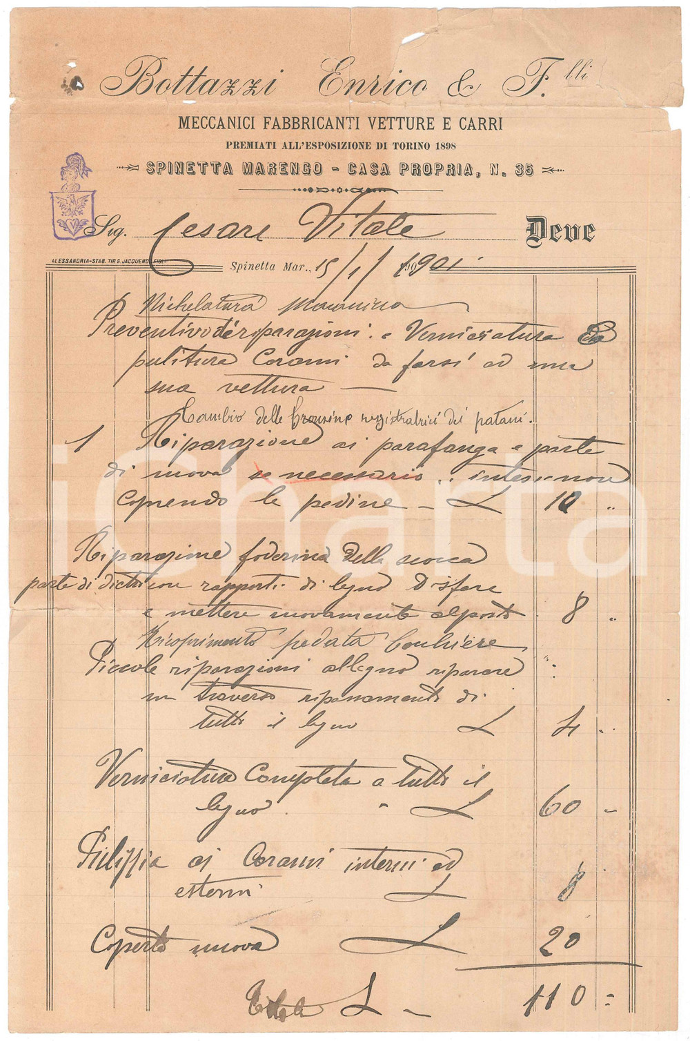 Documento originale, autentico 1901 SPINETTA MARENGO AL Enrico BOTTAZZI & F.lli Vetture e carri Fattura 1