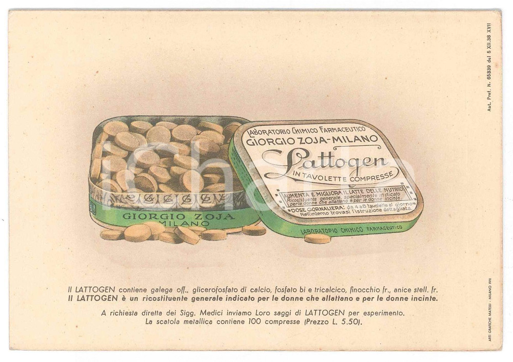 Materiale pubblicitario d’epoca 1939 MILANO Laboratorio Giorgio ZOJA Compresse LATTOGEN Cartolina commerciale 1