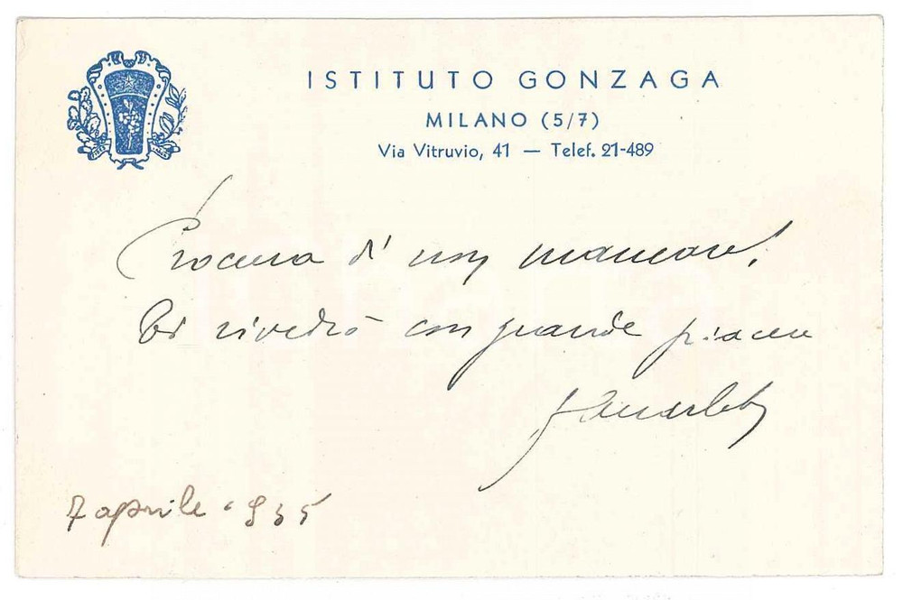 Oggetto da collezione cartaceo 1935 MILANO Via Vitruvio  Istituto GONZAGA  Biglietto 1