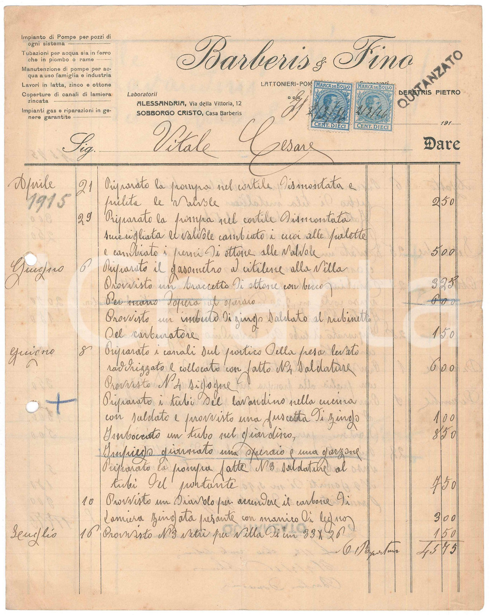 Documento originale, autentico 1916 ALESSANDRIA Ditta BARBERIS & FINO Lattonieri  Conto manoscritto 1