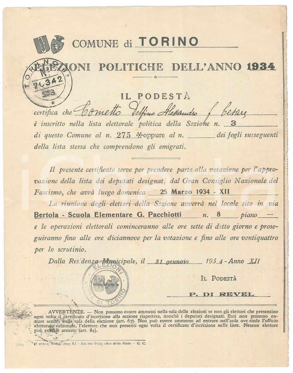Documento originale, autentico 1934 TORINO  Elezioni Politiche  Certificato elettorale Delfino COMETTO 1