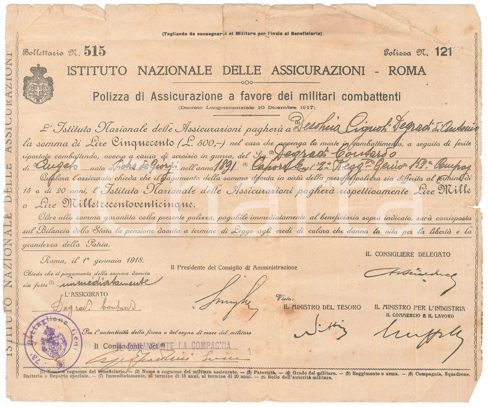 Oggetto da collezione cartaceo 1918 WW1 ISTITUTO NAZIONALE ASSICURAZIONI  Polizza cap. Contardo DEGRADI 1