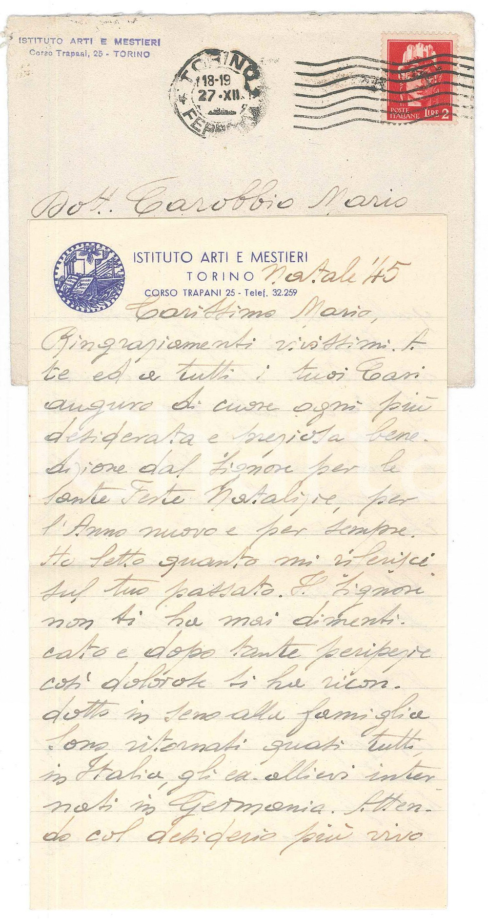 Autografo originale 1945 TORINO Istituto Arti e Mestieri  Lettera fra Clementino CATTANEO Autografo 1